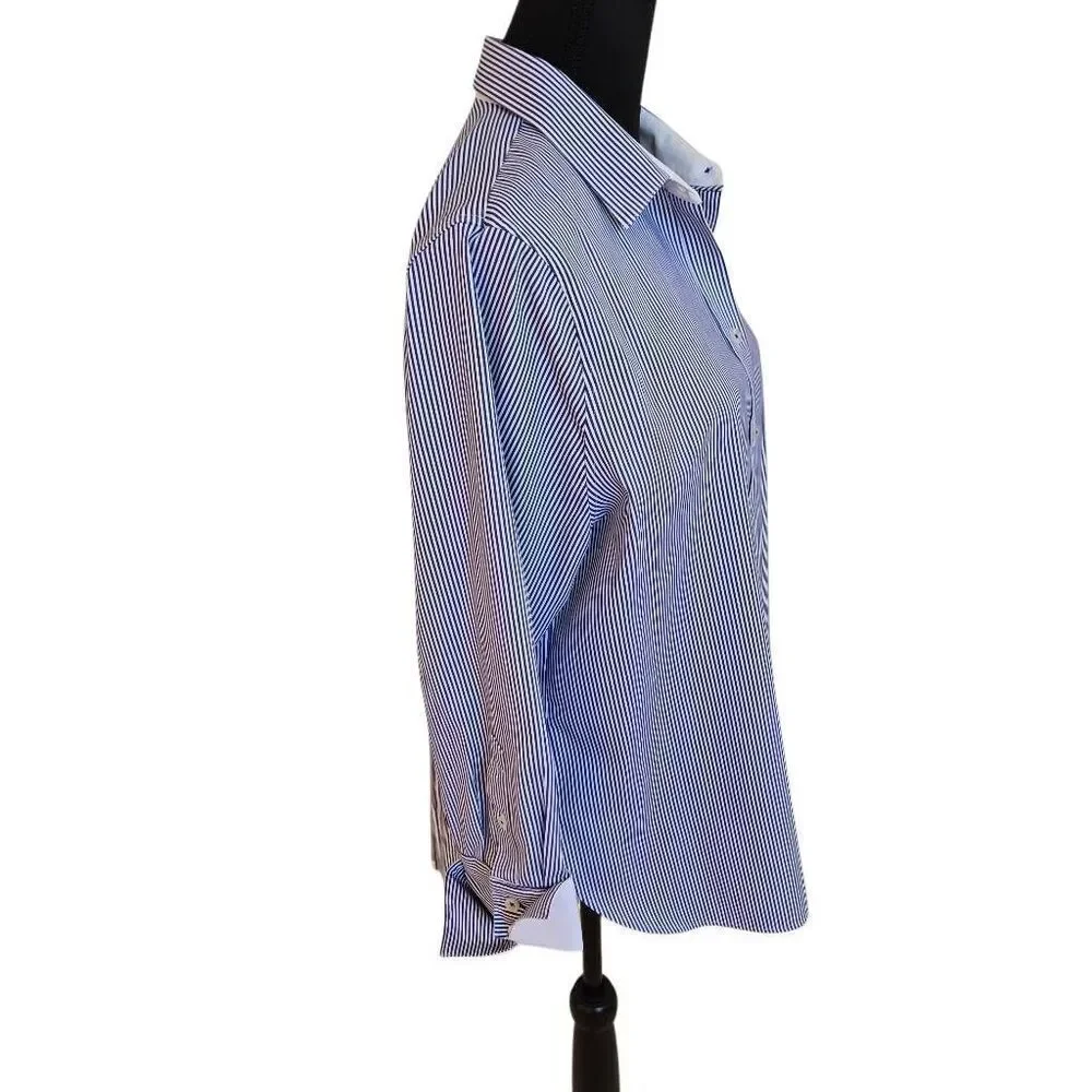 Chicos No Iron Womens Blue White Striped Long Sleeve Button Down Shirt Large